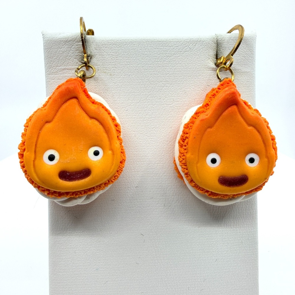 VTG Anime Calcifer Flame Macaron Drop Earrings Orange Polymer Clay Whimsical Y2K
